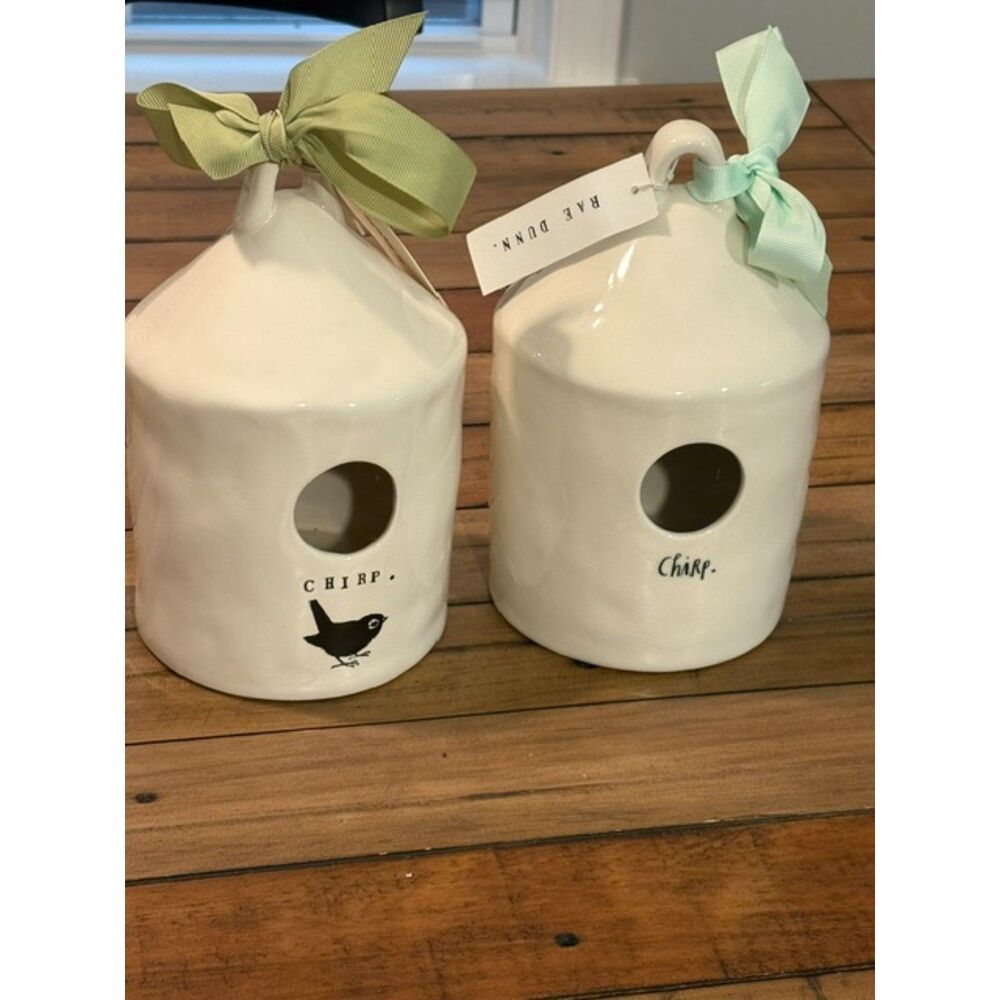 Rae Dunn Artisan Collection Set of 2 Birdhouses Chirp with Ribbons NWT